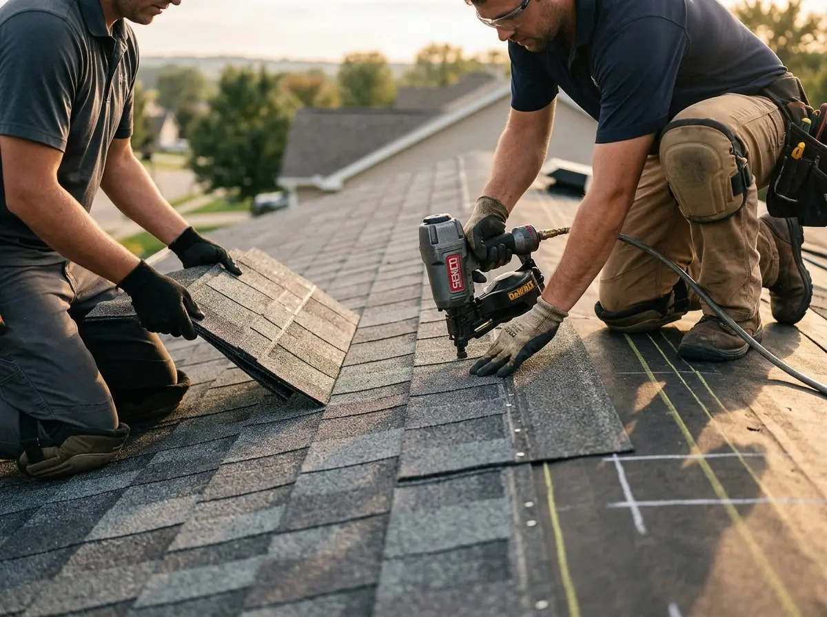 Professional roofer working on a residential roof in Newport News